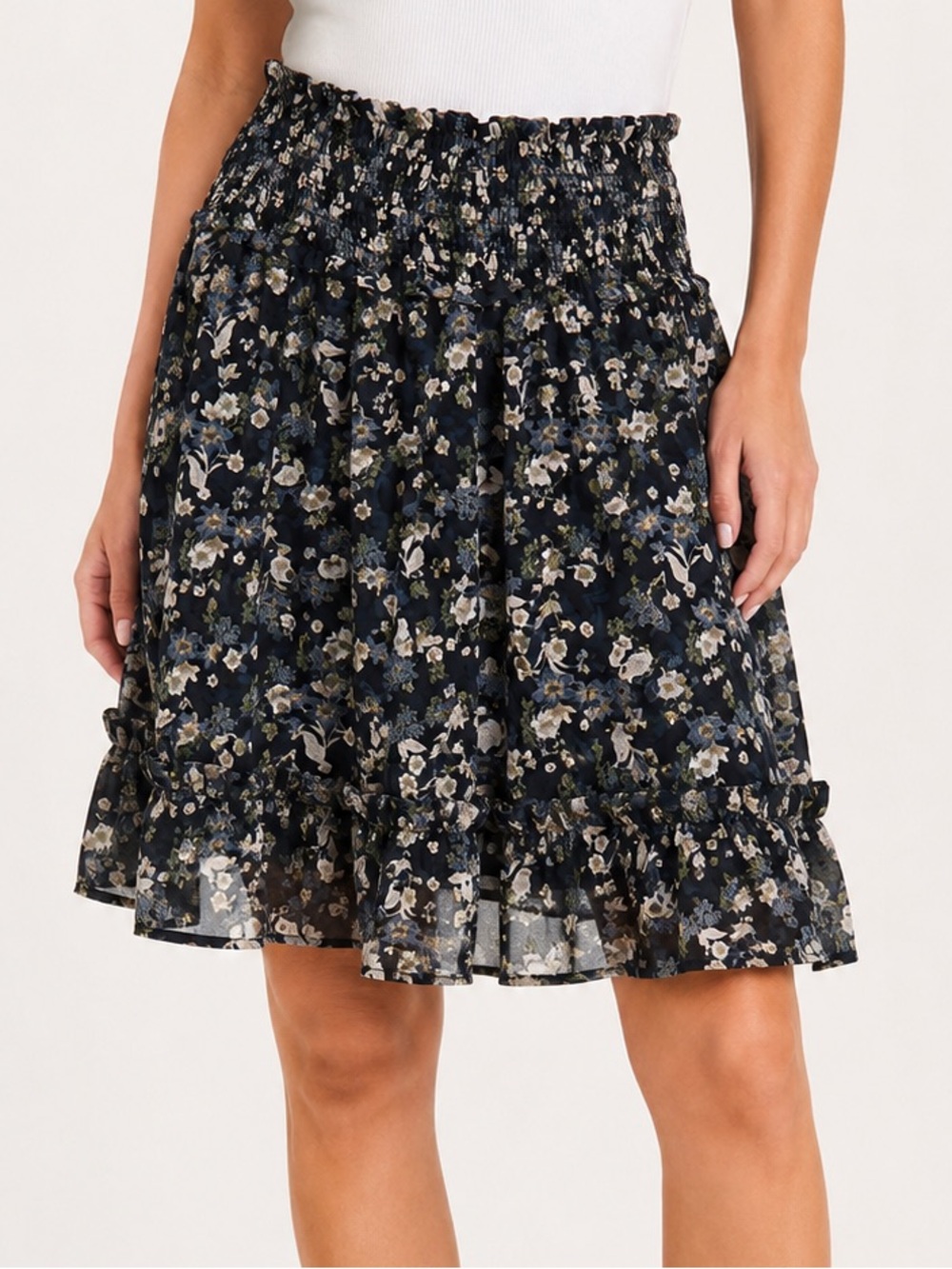 313. DKNY Navy Floral Ruffle Mini Skirt